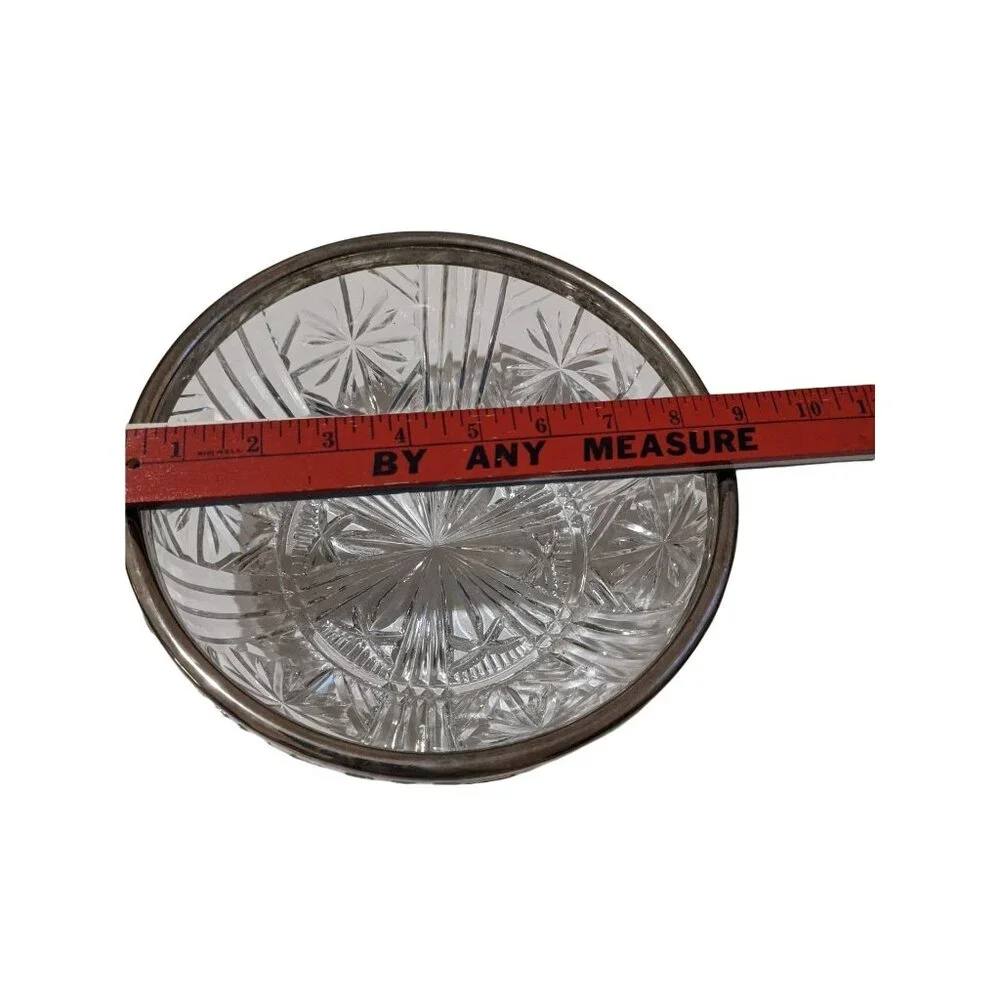 Pressed Glass Bowl With Silver-Plated Rim Starburst Pattern Vintage Elegant Deco